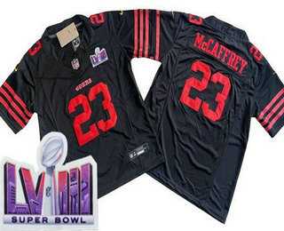 Mens San Francisco 49ers #23 Christian McCaffrey Limited Black LVIII Super Bowl FUSE Vapor Jersey